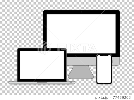 デスクトップパソコン、ノートパソコン、スマホが並んだレスポンシブのイメージ 77459203