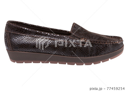 Brown female shoes made of reptile skin, low-soled with a protector, on a white background Brown female shoes made of reptile skin, low-soled with a protector, on a white background 77459254