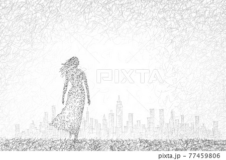 女性と街並のペン画のイラスト素材