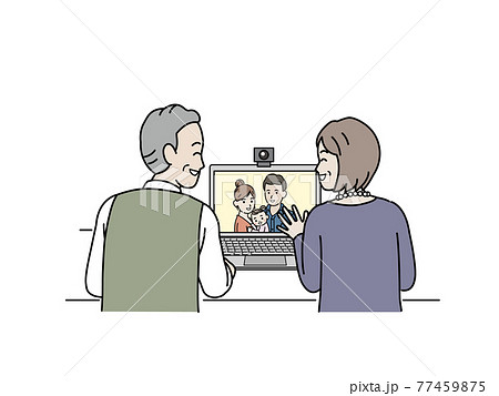 出産報告をする若い夫婦　オンライン帰省　三世代家族　老夫婦　イラスト素材 77459875