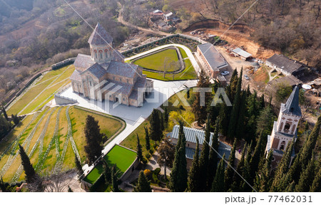 View from drone of Bodbe Monastery on hill slope in spring View from drone of Bodbe Monastery on hill slope in spring 77462031