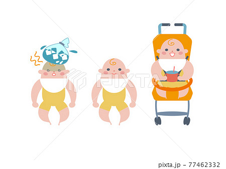 笑顔でベビーカーに乗る赤ちゃんと氷嚢で頭を冷やす赤ちゃんのセットのイラスト素材のイラスト素材