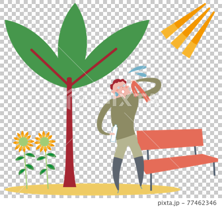 一名男運動員在樹蔭下補水的插圖素材 77462346