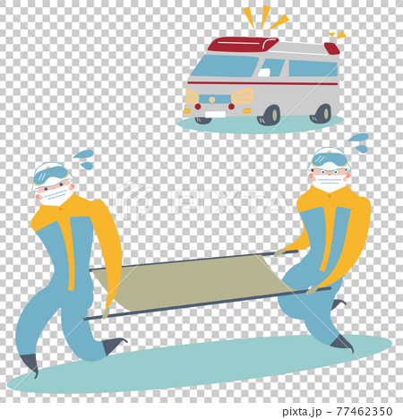 救急車と担架を担いで走る二人の救急隊員のイラスト素材のイラスト素材