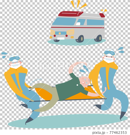 シニアの救急患者を担架に乗せ慌てて搬送する救急隊と救急車のイラスト素材	 77462353