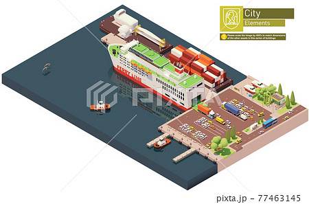 Vector isometric ferry ship unloading or at the port 77463145