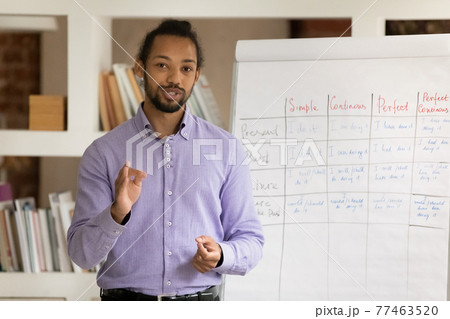 Head shot portrait African American man teacher recording webinar, explaining 77463520