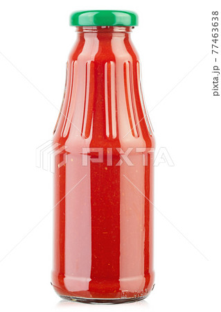 Glass bottle of ketchup on white background. Barbecue sauces. Canned food. 77463638