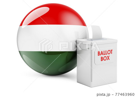 Ballot box with Hungarian flag. Election in Hungary. 3D rendering Ballot box with Hungarian flag. Election in Hungary. 3D rendering 77463960