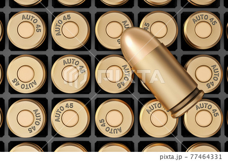Pistol bullets in wooden ammunition box, 3D rendering 77464331