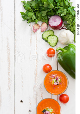 Gazpacho soup in glass on wooden table 77466188