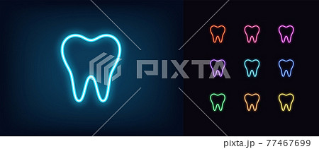 Neon tooth icon. Glowing neon tooth sign, outline dentist pictogram 77467699