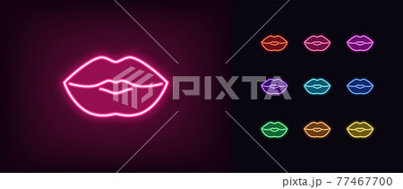 Neon lips icon. Glowing neon kiss sign, outline woman lips pictogram 77467700