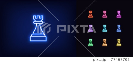 Neon chessmen rook icon. Glowing neon rook sign, outline chess piece, tower silhouette 77467702