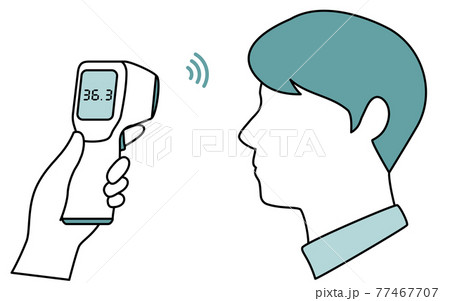 非接触型体温計で体温測定する男性のイメージ 77467707