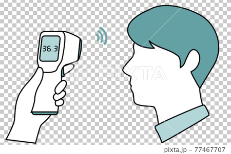 Image of a man measuring body temperature with a non-contact thermometer 77467707