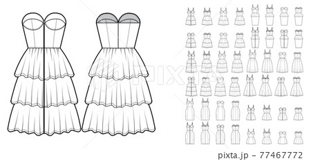 Set of dresses Zip-up bustier peplum technical fashion illustration with sleeveless, strapless, fitted body, knee mini  77467772