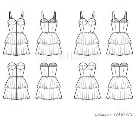 Set of dresses Zip-up bustier technical fashion illustration with sleeveless, strapless, fitted body, mini length ruffle Set of dresses Zip-up bustier technical fashion illustration with sleeveless, strapless, fitted body, mini length ruffle 77467775