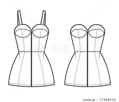 Set of dresses denim Zip-up bustier peplum technical fashion illustration with sleeveless, strapless, fitted body, mini Set of dresses denim Zip-up bustier peplum technical fashion illustration with sleeveless, strapless, fitted body, mini 77468220