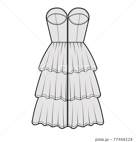 Zip-up bustier dress technical fashion illustration with strapless, fitted body, 3 row knee length ruffle tiered skirt. 77468228