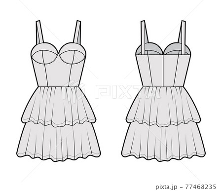 Bustier dress technical fashion illustration with shoulder straps, fitted body, 2 row mini length ruffle tiered skirt. 77468235