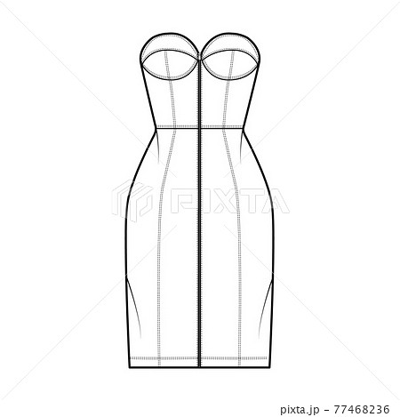 Zip-up tube dress technical fashion illustration with bustier, sleeveless, strapless, fitted body, knee length skirt. Zip-up tube dress technical fashion illustration with bustier, sleeveless, strapless, fitted body, knee length skirt. 77468236