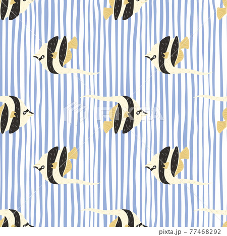 Wildlife ocean seamless pattern with hand drawn imperial angelfish ornament. Blue striped background. Wildlife ocean seamless pattern with hand drawn imperial angelfish ornament. Blue striped background. 77468292