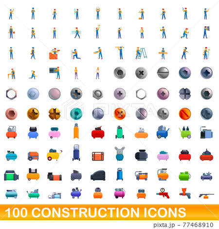 100 construction icons set, cartoon style 100 construction icons set, cartoon style 77468910