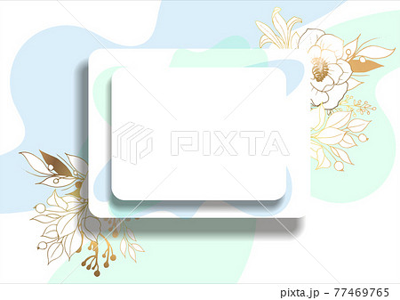 Gold frame. 3D paper cut. Leaves and flowers from golden threads. Square frame with summer flowers in vintage style. Vector illustration. Place for an inscription. 3d effect. Spots of pastel color. 77469765