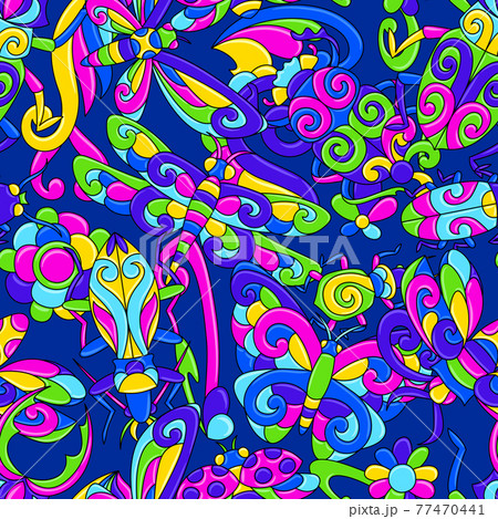Seamless pattern with stylized bugs and insects. Mexican ceramic cute naive art. Seamless pattern with stylized bugs and insects. Mexican ceramic cute naive art. 77470441