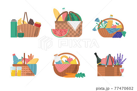 Cartoon Color Different Picnic Baskets Icons Set. Vector Cartoon Color Different Picnic Baskets Icons Set. Vector 77470602