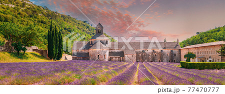 Notre-dame De Senanque Abbey, Vaucluse, France. Beautiful Landscape Lavender Field And An Ancient Monastery Abbaye Notre-dame De Senanque. Elevated View, Panorama. Altered Sunset Sky Notre-dame De Senanque Abbey, Vaucluse, France. Beautiful Landscape Lavender Field And An Ancient Monastery Abbaye Notre-dame De Senanque. Elevated View, Panorama. Altered Sunset Sky 77470777