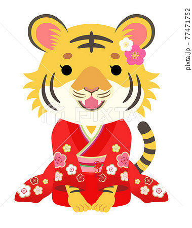 2022年　寅年　挨拶する晴れ着のかわいいトラ 77471752