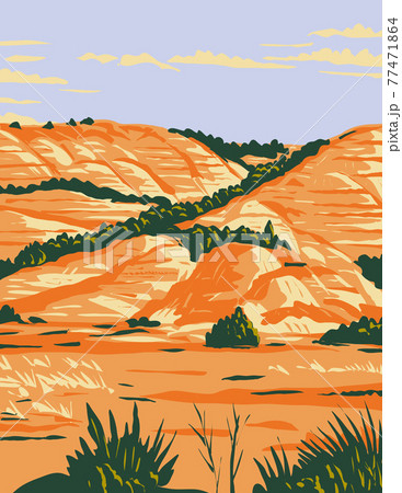 North Dakota Badlands in Theodore Roosevelt National Park Located in Medora North Dakota WPA Poster Art 77471864