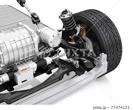 黒バックに自動車用サスペンション、ブレーキシステムの構造イメージ 77474121