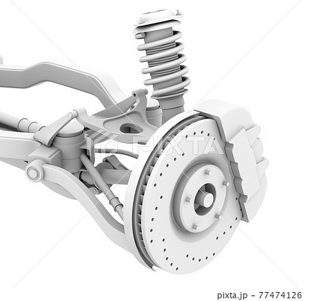 黒バックに自動車用サスペンション、ブレーキシステムの構造クレイレンダリングイメージ 77474126