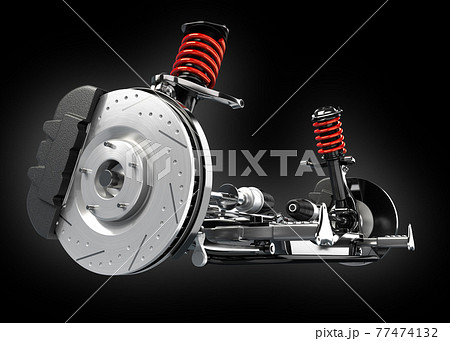 黒バックに自動車用サスペンション、ブレーキシステムの構造イメージ 77474132
