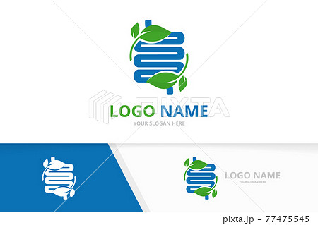 Ecological colon and leaves logo combination. Premium digestion logotype design template. 77475545