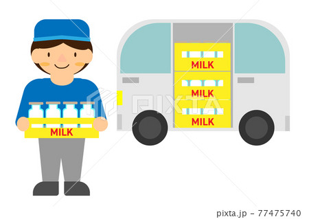 牛乳配達をする人と牛乳を積んだ車のイラスト素材