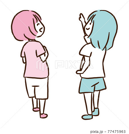 上を見上げる女の子 半袖のイラスト素材