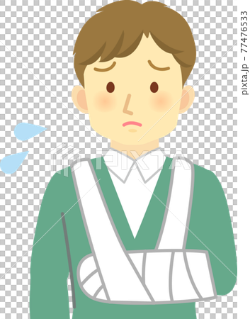 イラスト素材 若い男性が骨折で包帯を巻いた困った表情の姿のイラスト素材