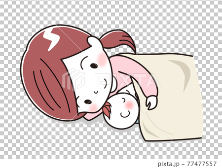 赤ちゃんに添い寝で授乳するママのイラスト素材