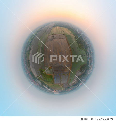 Little planet 360 degree sphere. Panorama of aerial view of Dong Tan trees in green rice field in national park at sunset in Sam Khok. Nature landscape tourist attraction in travel trip. 77477679