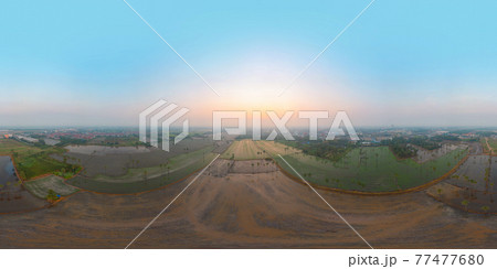 360 panorama by 180 degrees angle seamless panorama of aerial view of Dong Tan trees in green rice field in national park at sunset in Sam Khok. Nature landscape tourist attraction in travel trip. 77477680