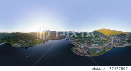 360 panorama by 180 degrees angle seamless panorama of aerial view of Ban Rak Thai village, chinese hotel resort, Mae Hong Son, Thailand. Nature landscape in travel trip and vacation. 77477697