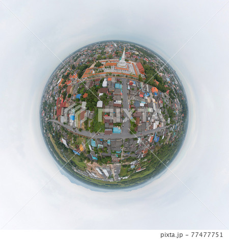 Little planet 360 degree sphere. Panorama of aerial view of Wat Phra Mahathat Voramahavihan Temple in Nakhon Si Thammarat with stupa pagoda near Bangkok. Urban town city, Thailand. 77477751