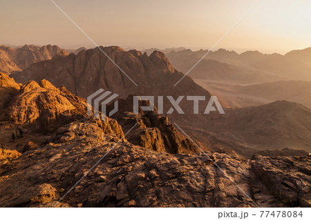 View from Mount Sinai at sunrise. Beautiful mountain landscape in Egypt. 77478084