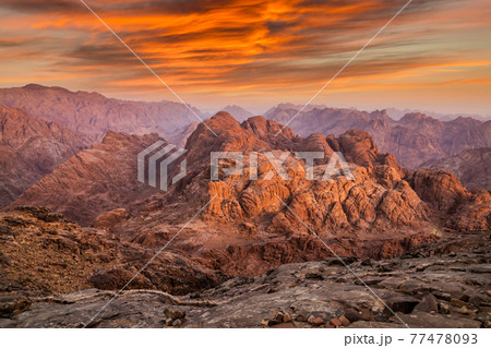 View from Mount Sinai at sunrise. Beautiful mountain landscape in Egypt. 77478093