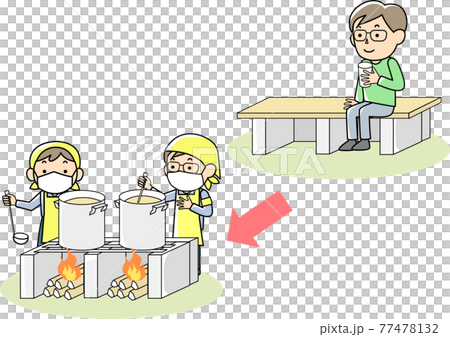 災害時に炊き出しができるかまどベンチのイラスト素材