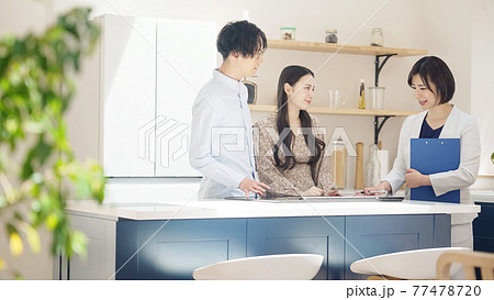 カップルに部屋を案内する女性担当者　モデルハウス　ハウスメーカー　部屋探し 77478720